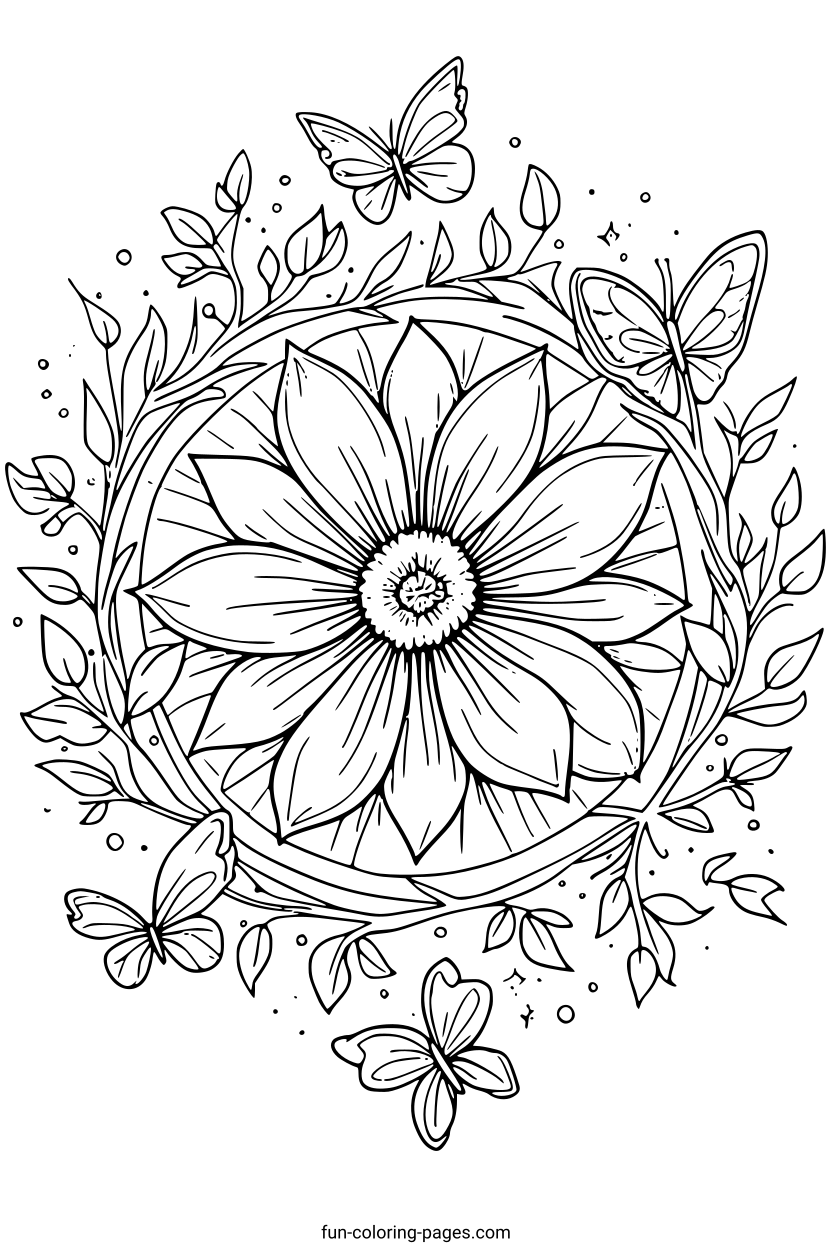 Floral Mandala with Butterflies – free printable coloring page, available as PDF and SVG