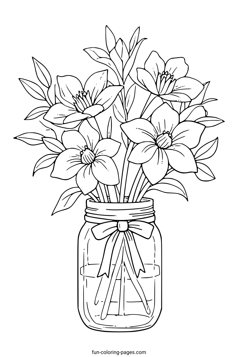 Floral Mason Jar Arrangement – free printable coloring page, available as PDF and SVG