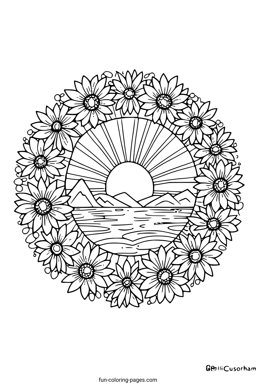 Floral Sunrise Landscape – free printable coloring page, available as PDF and SVG