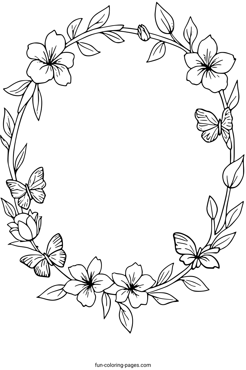 Floral Wreath with Butterflies – free printable coloring page, available as PDF and SVG