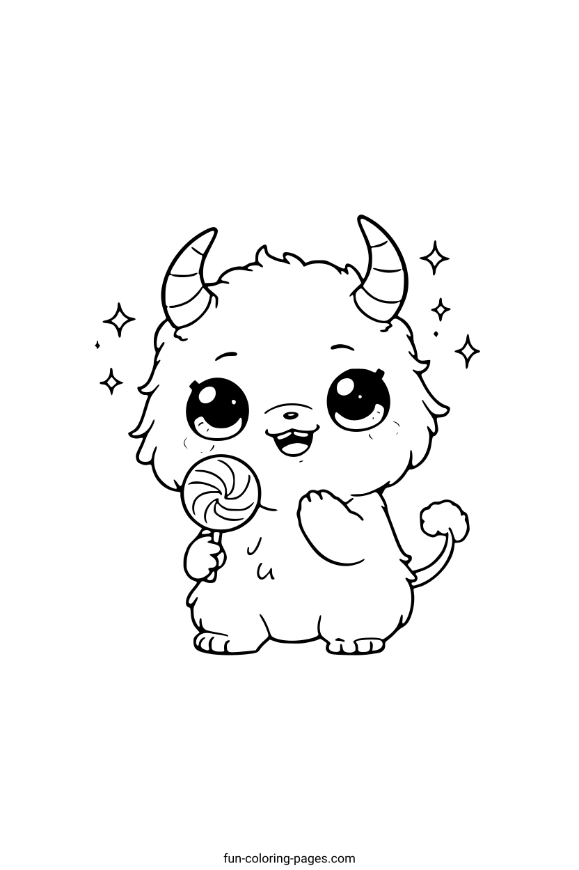 Fluffy Horned Monster with Lollipop – free printable coloring page, available as PDF and SVG