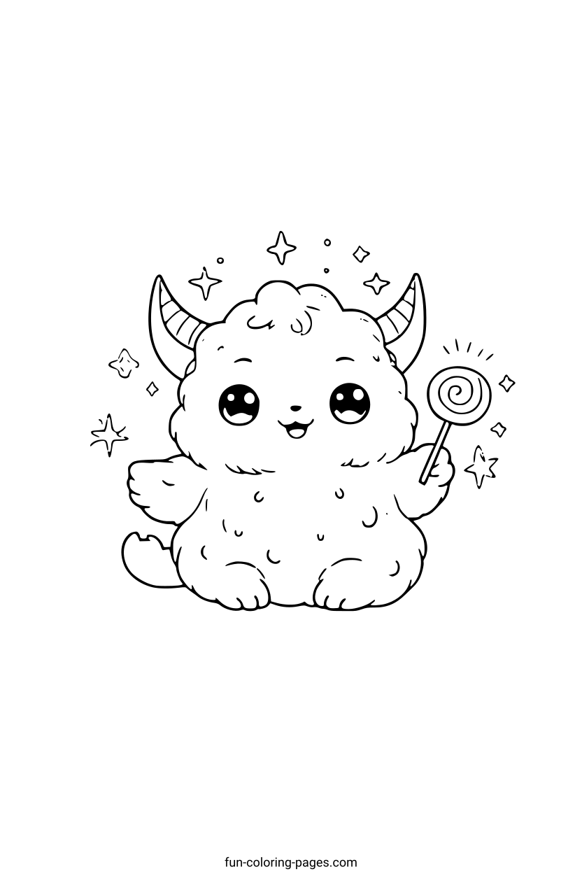 Fluffy Horned Monster with Lollipop – free printable coloring page, available as PDF and SVG