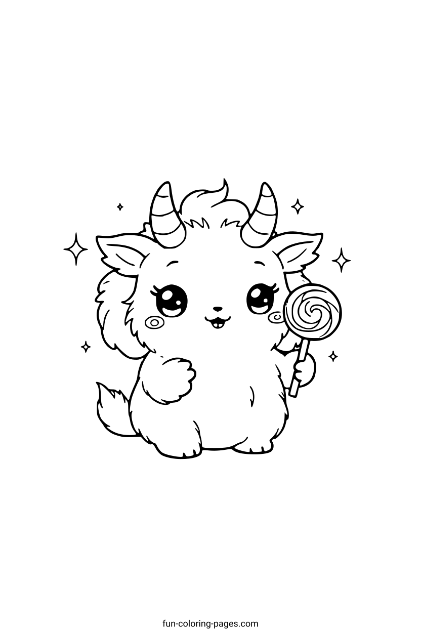 Fluffy Horned Monster with Lollipop – free printable coloring page, available as PDF and SVG