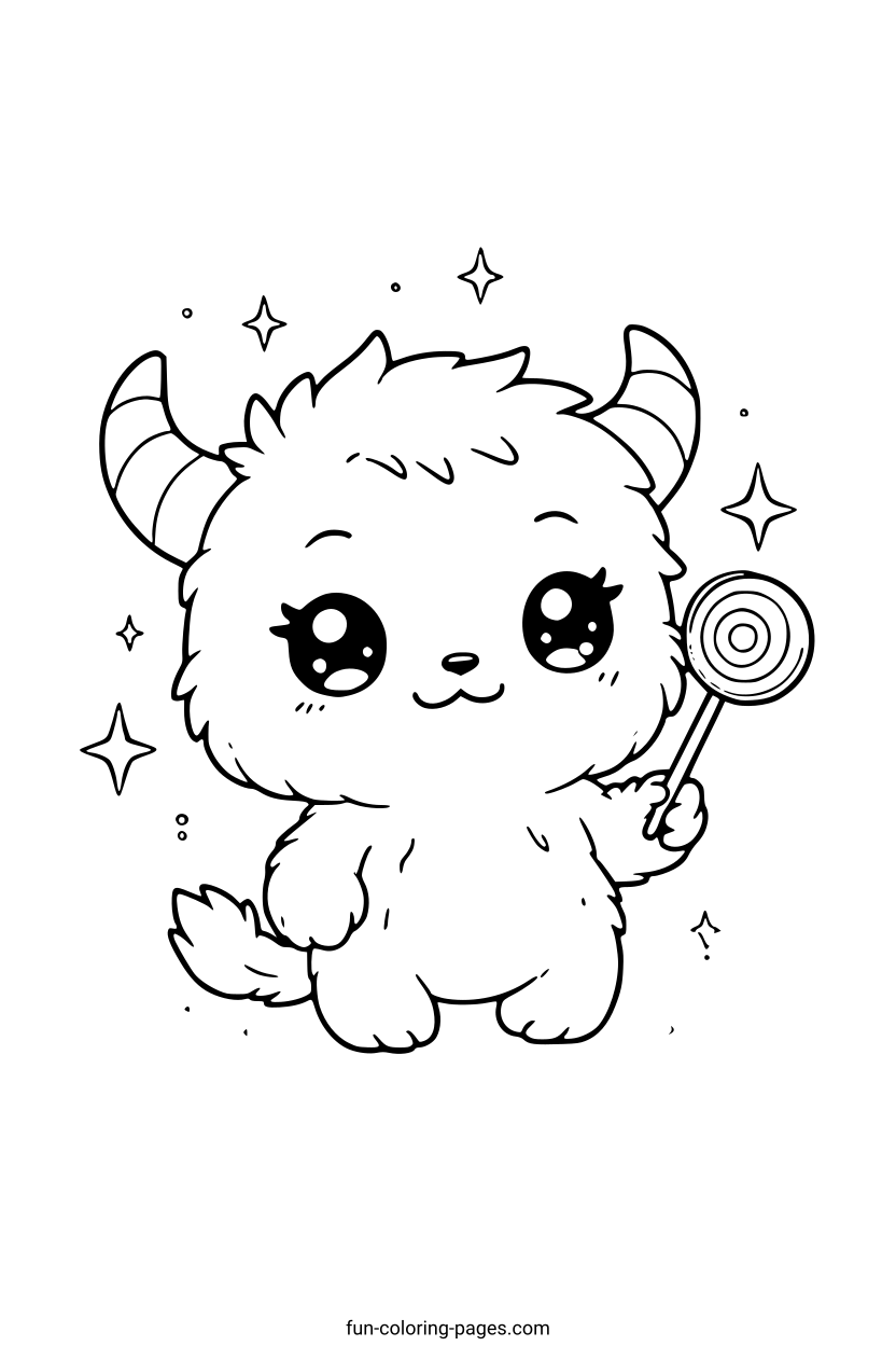 Fluffy Horned Monster with Lollipop – free printable coloring page, available as PDF and SVG