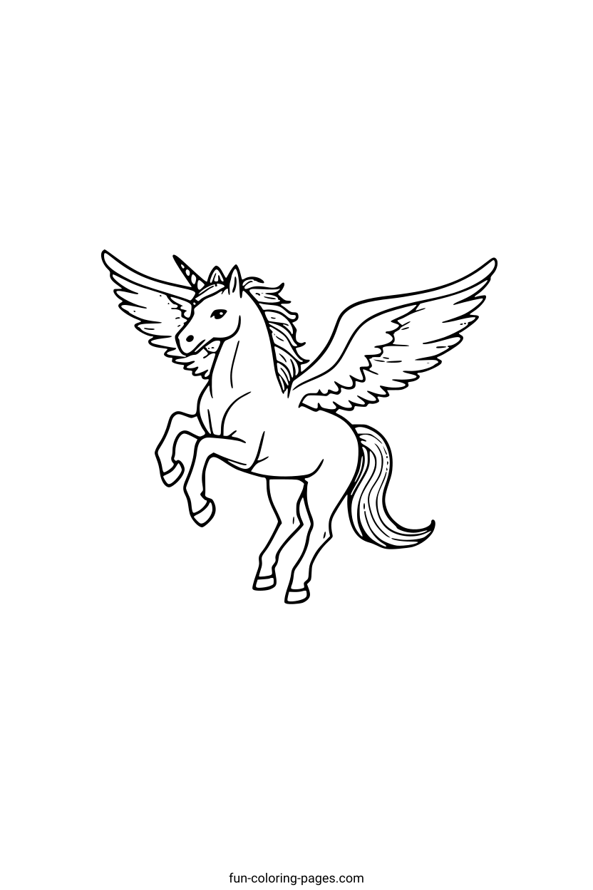 Flying Magical Unicorn – free printable coloring page, available as PDF and SVG