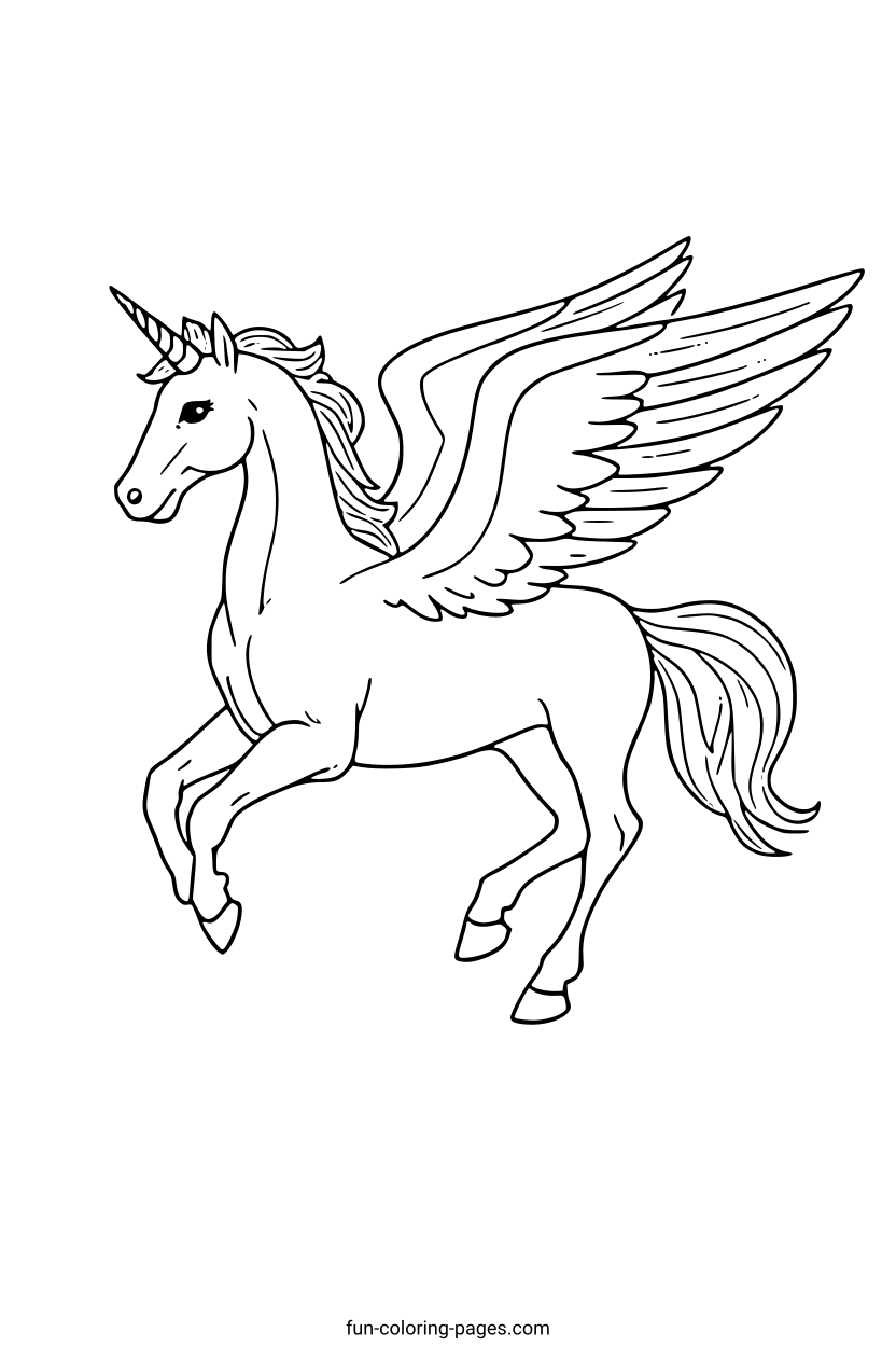 Flying Magical Unicorn – free printable coloring page, available as PDF and SVG