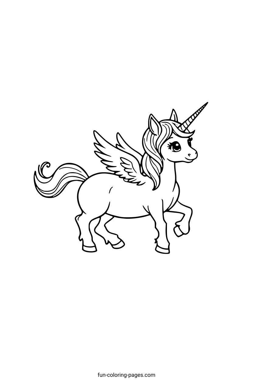 Flying Unicorn with Wings – free printable coloring page, available as PDF and SVG