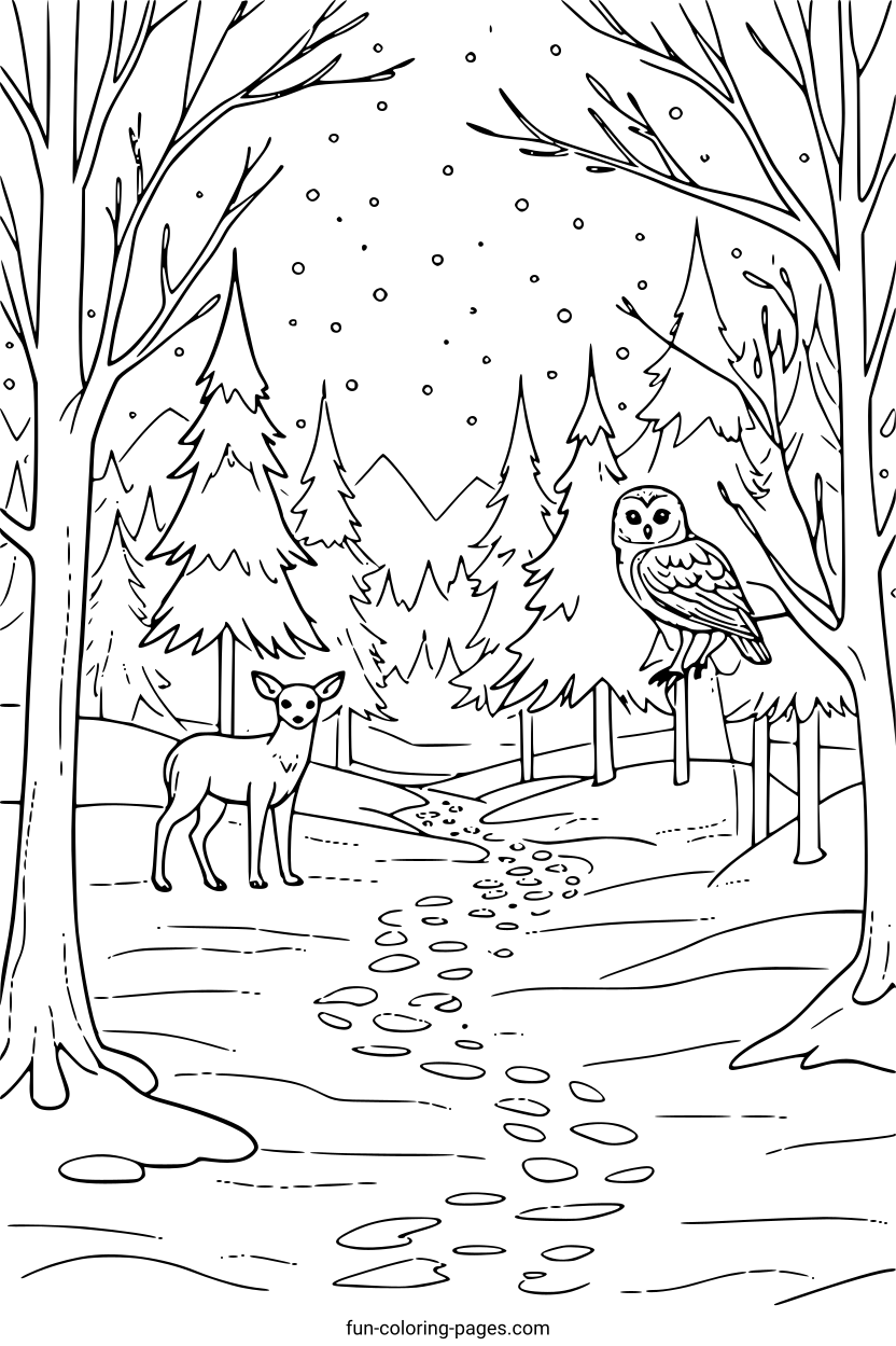 Forest Owl and Deer – free printable coloring page, available as PDF and SVG