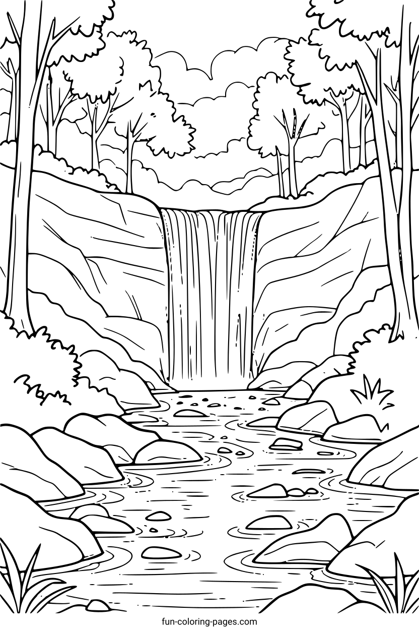 Forest Waterfall Landscape – free printable coloring page, available as PDF and SVG