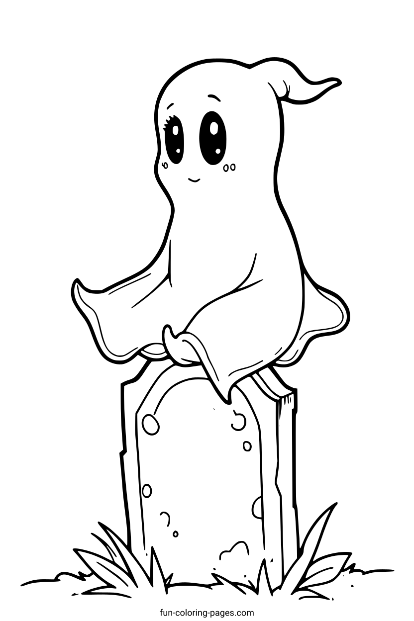 Friendly Ghost on Tombstone – free printable coloring page, available as PDF and SVG