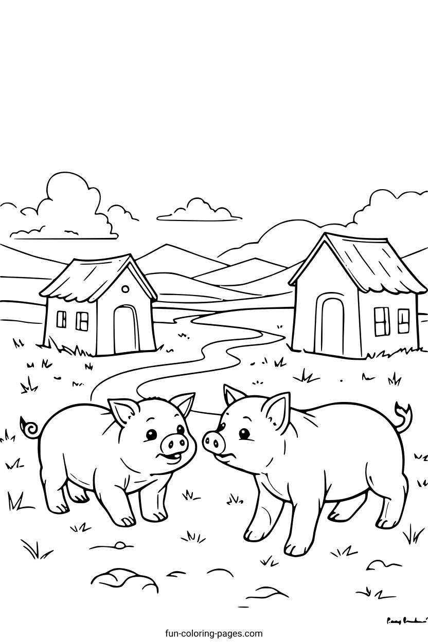 Friendly Pigs Meet on a Farm – free printable coloring page, available as PDF and SVG