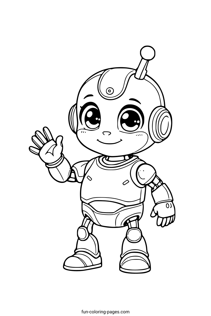 Friendly Robot Waving – free printable coloring page, available as PDF and SVG