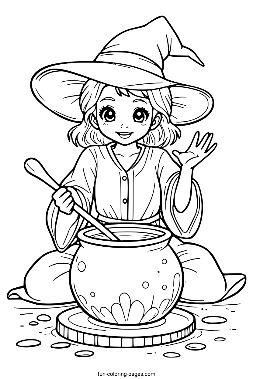 Friendly Witch Brewing a Potion – free printable coloring page, available as PDF and SVG