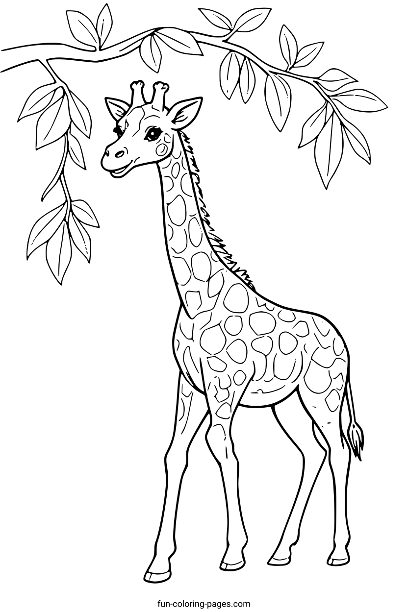 Gentle Giraffe Eating Leaves – free printable coloring page, available as PDF and SVG