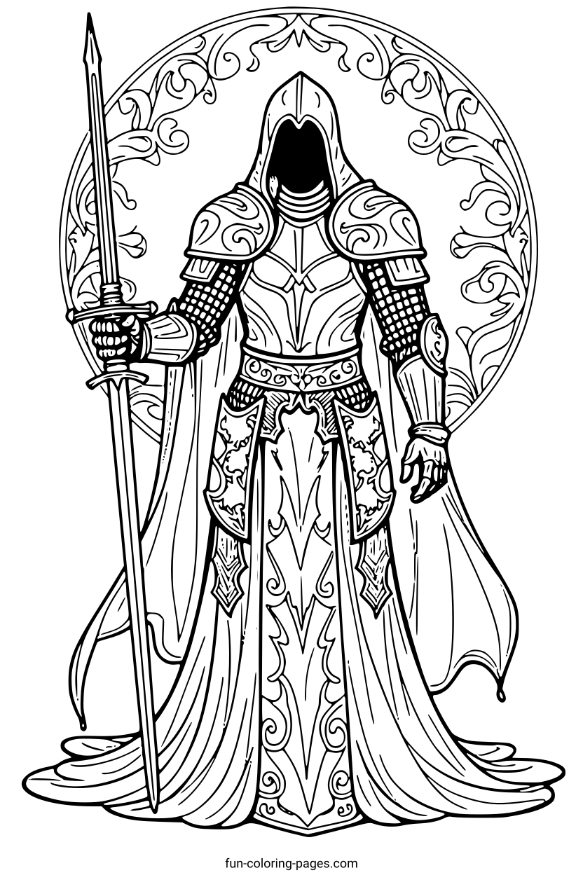 Ghostly Knight in Armor Holding a Sword – free printable coloring page, available as PDF and SVG