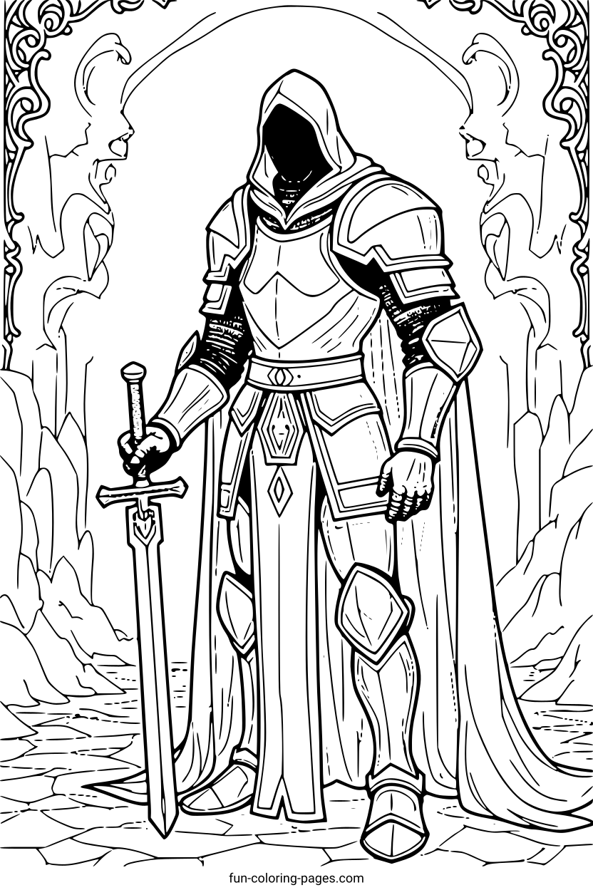 Ghostly Knight in Armor Holding a Sword – free printable coloring page, available as PDF and SVG