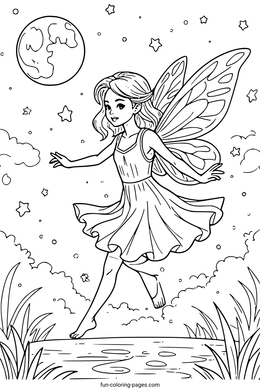 Graceful Fairy Dancing in Moonlight – free printable coloring page, available as PDF and SVG