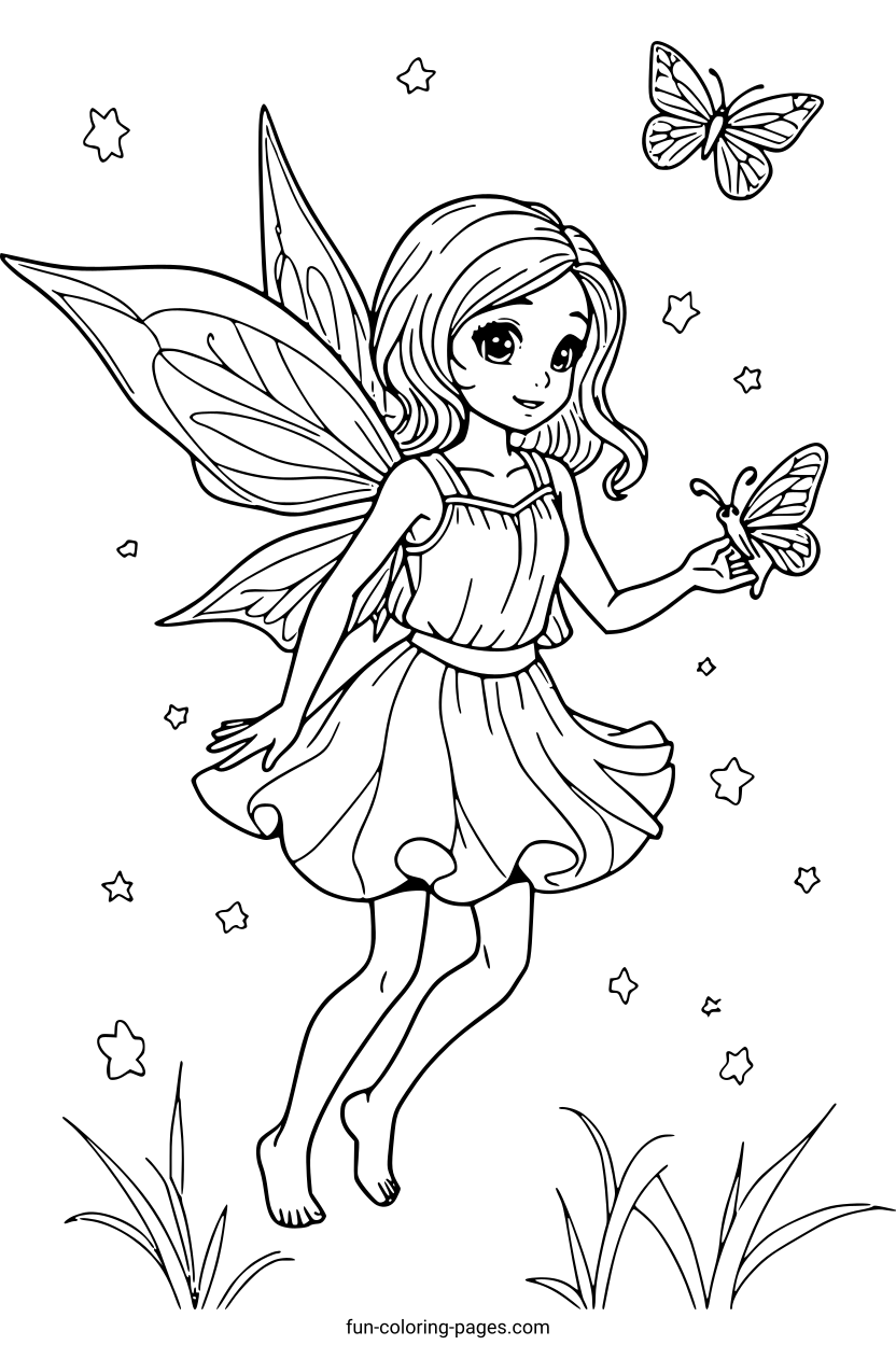Graceful Fairy Holding Butterfly – free printable coloring page, available as PDF and SVG