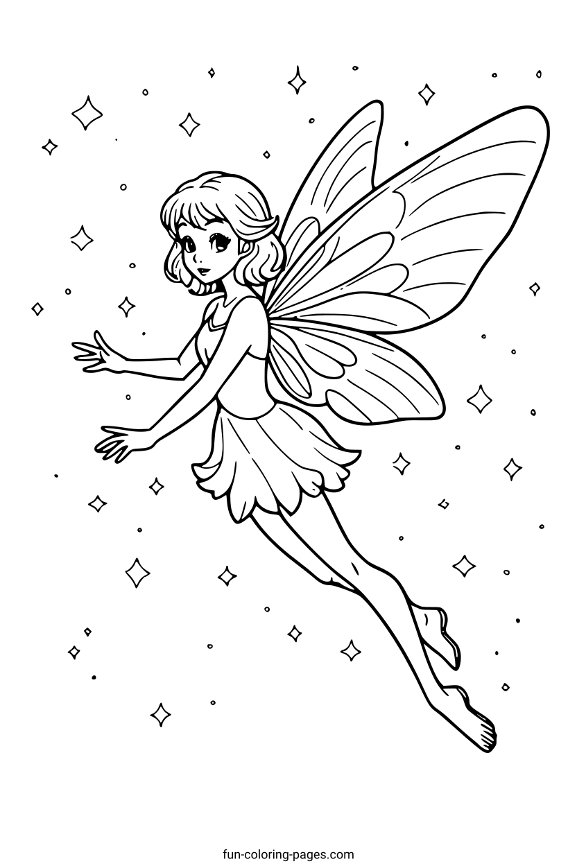 Graceful Fairy in Flight – free printable coloring page, available as PDF and SVG