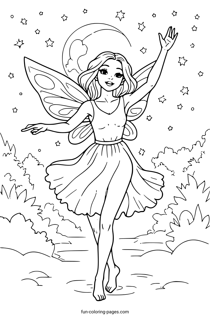 Graceful Fairy in Starry Night – free printable coloring page, available as PDF and SVG