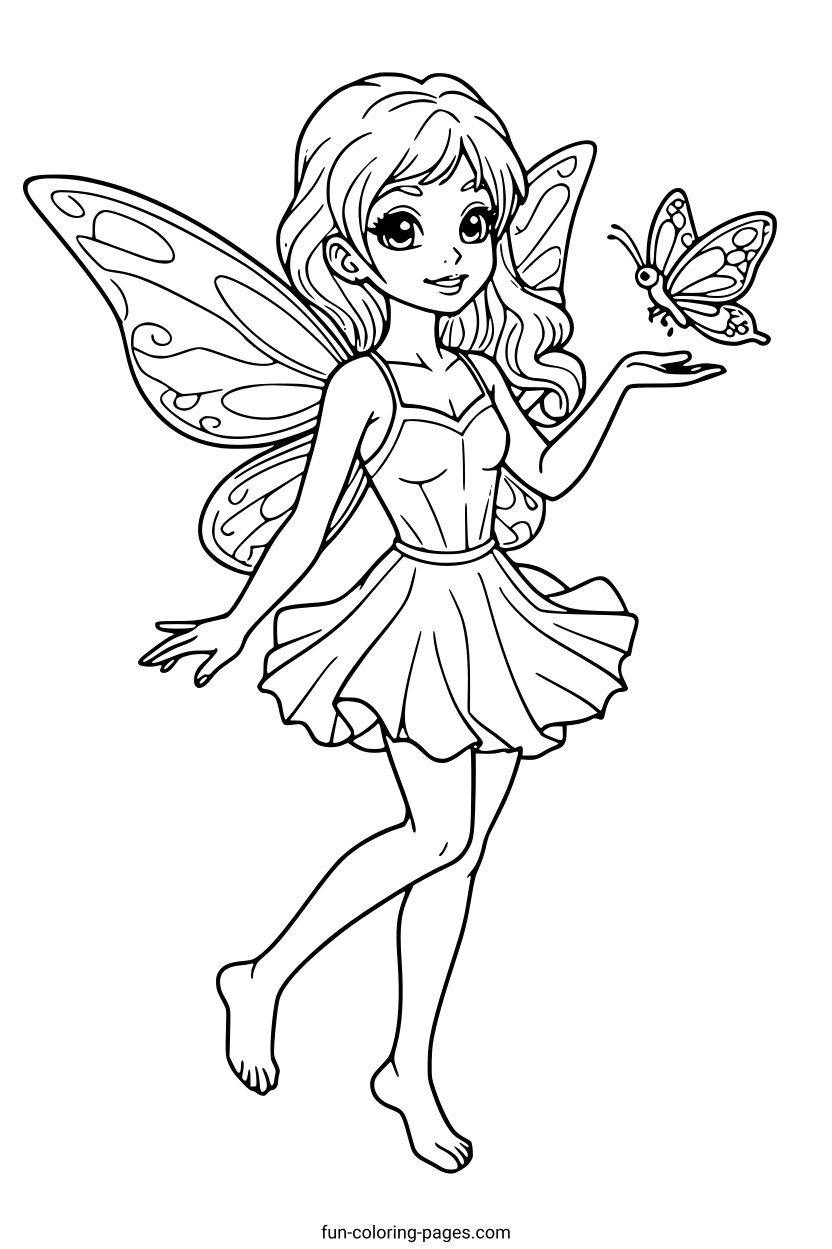 Graceful Fairy with Butterfly – free printable coloring page, available as PDF and SVG