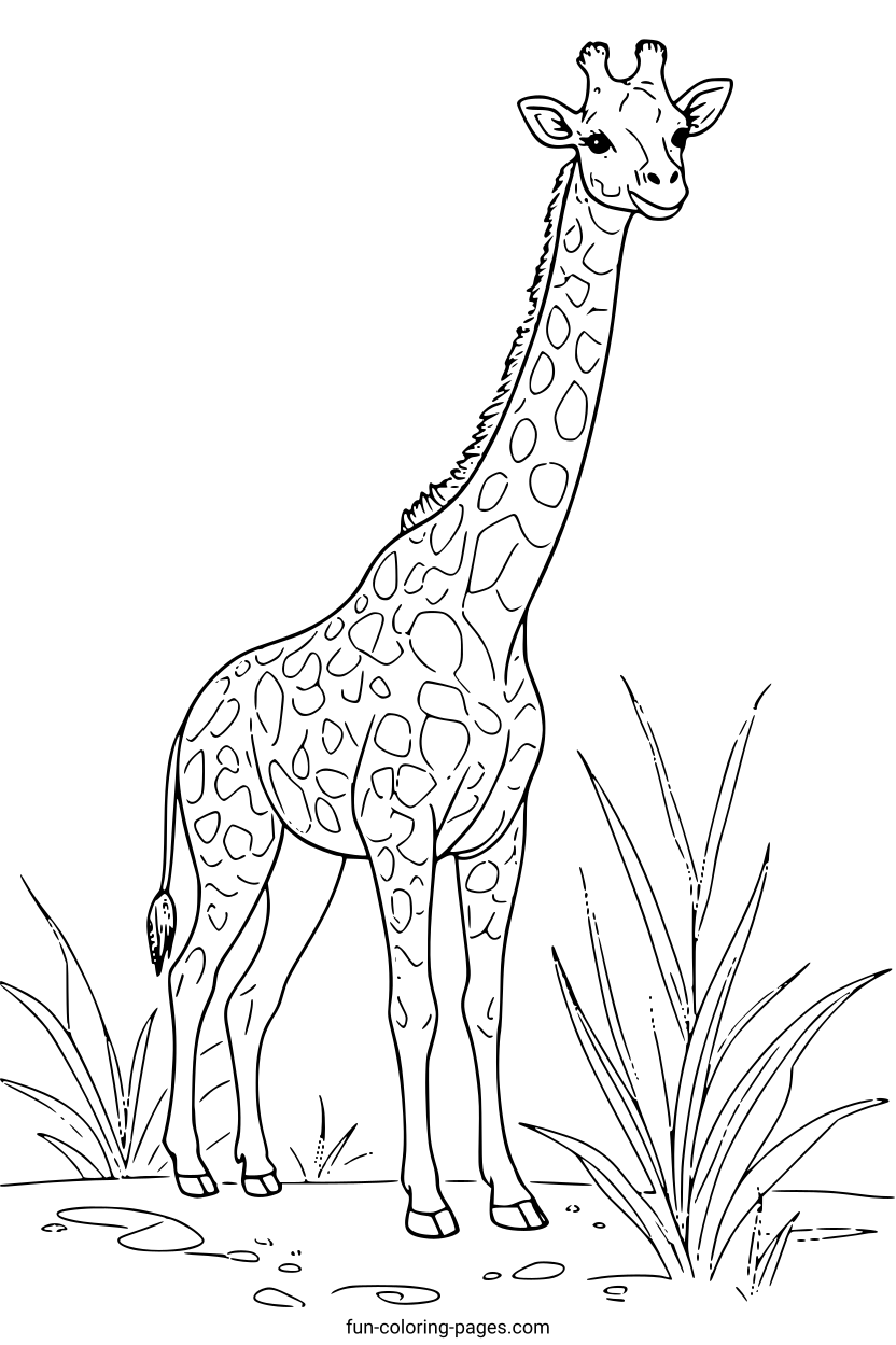 Graceful Giraffe in Grassland – free printable coloring page, available as PDF and SVG