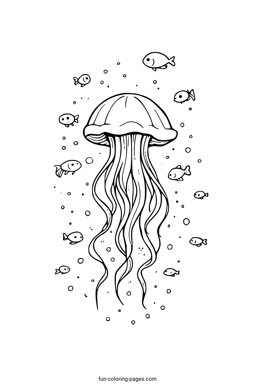 Graceful Jellyfish with Fish – free printable coloring page, available as PDF and SVG