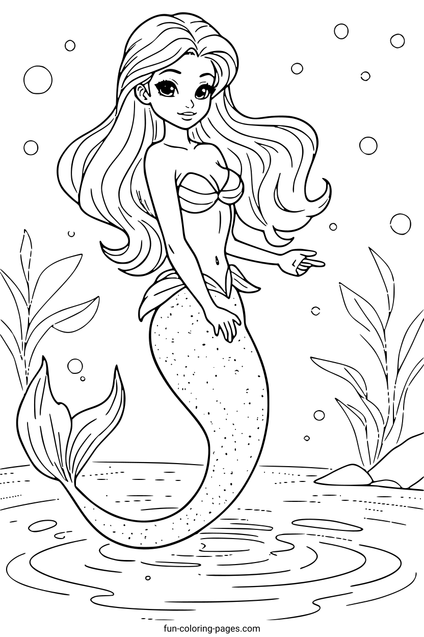 Graceful Mermaid in the Ocean – free printable coloring page, available as PDF and SVG
