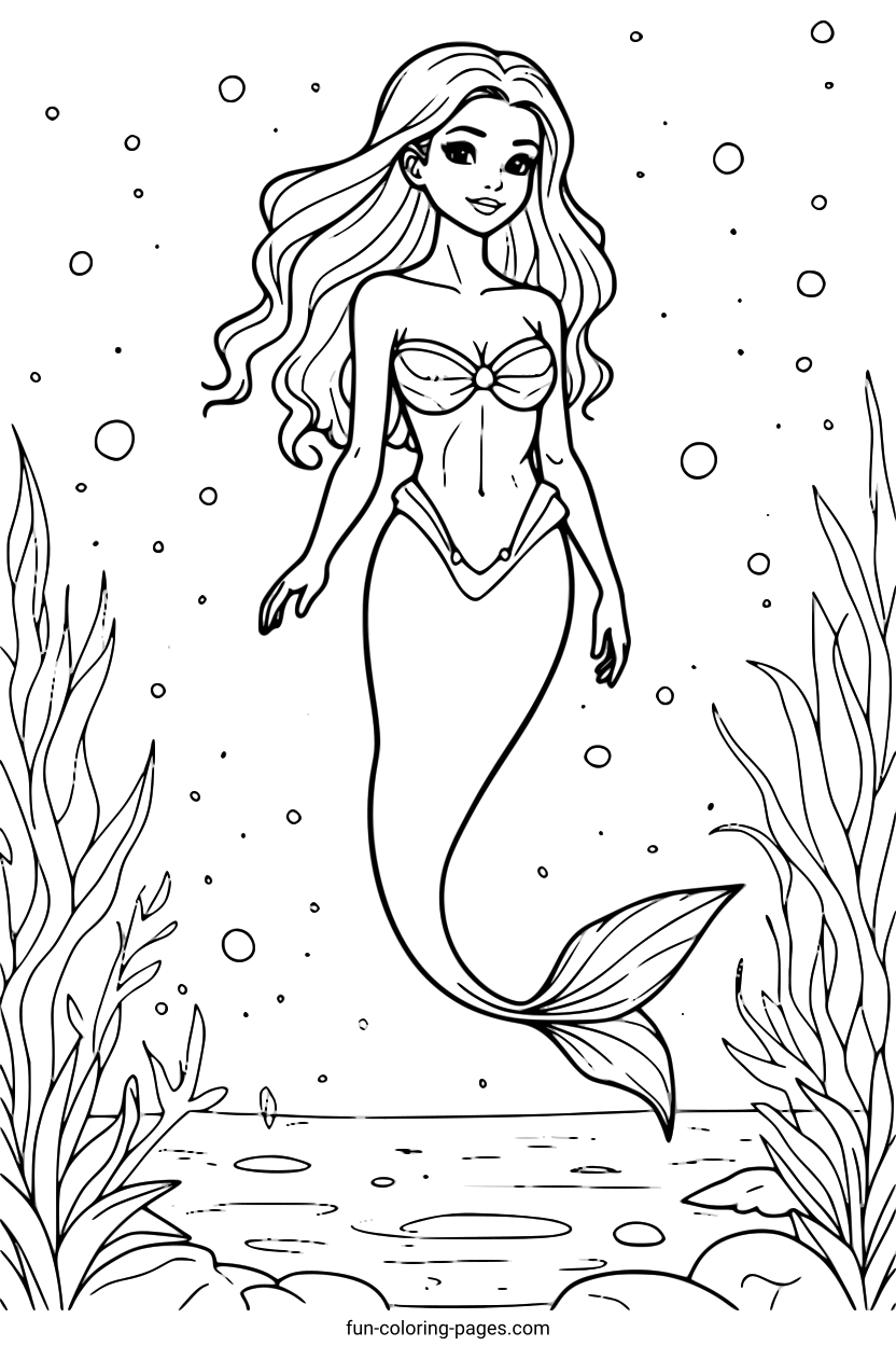 Graceful Mermaid Under the Sea – free printable coloring page, available as PDF and SVG