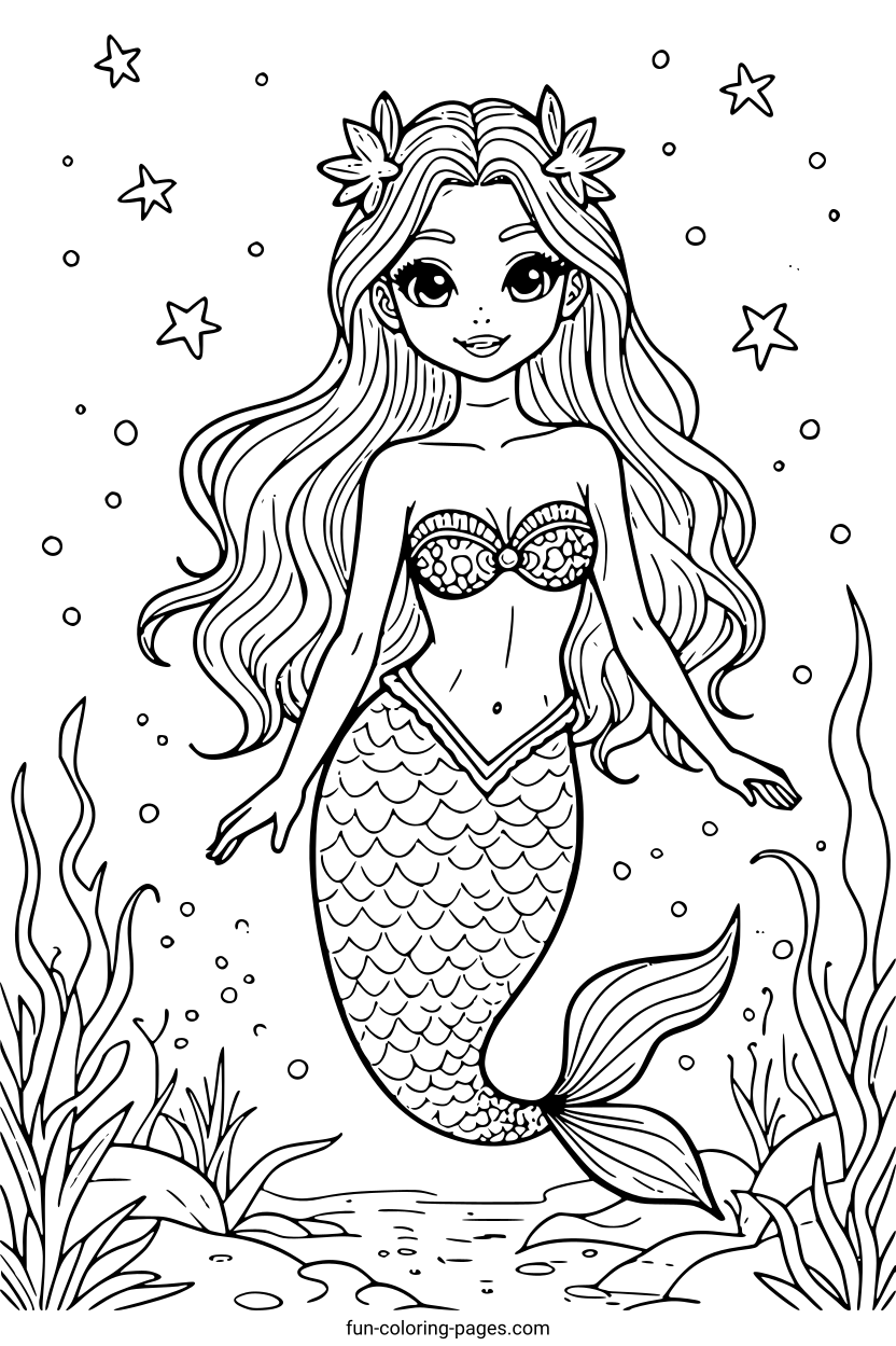 Graceful Mermaid Underwater – free printable coloring page, available as PDF and SVG
