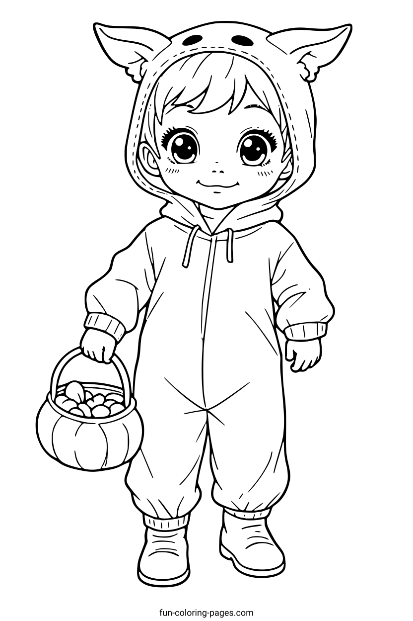 Kid With Halloween Costume And Basket – free printable coloring page, available as PDF and SVG