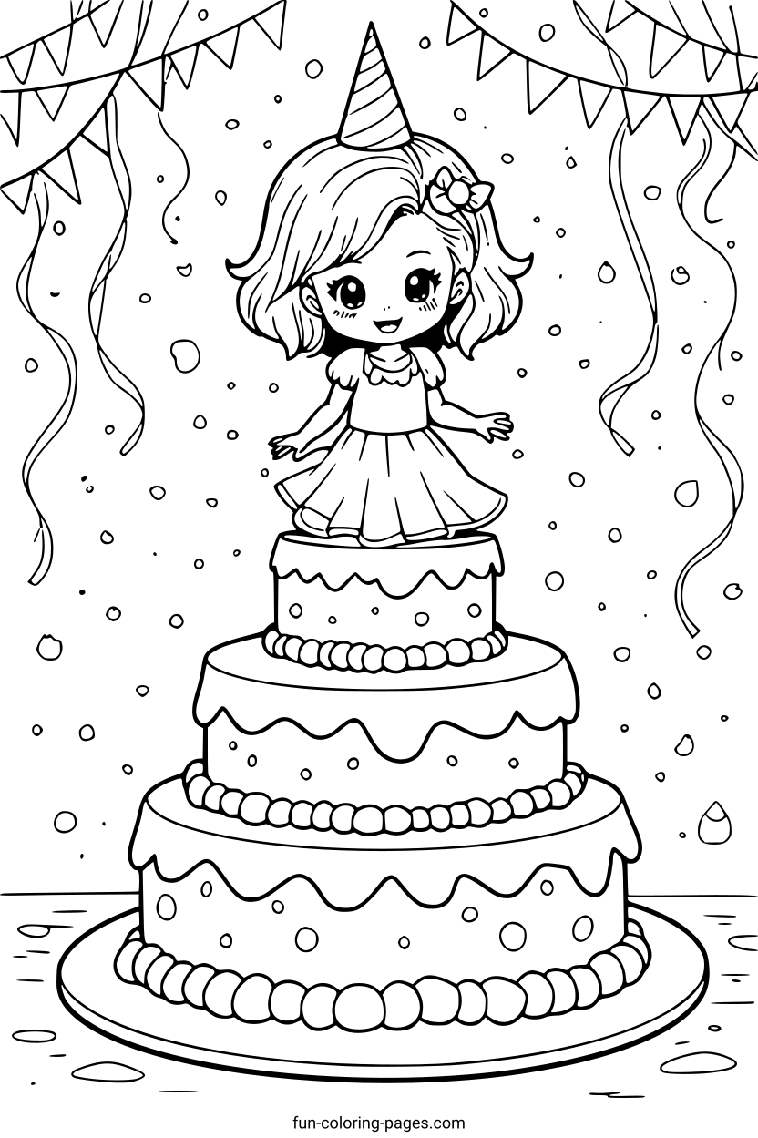 Happy Birthday Girl on Cake – free printable coloring page, available as PDF and SVG