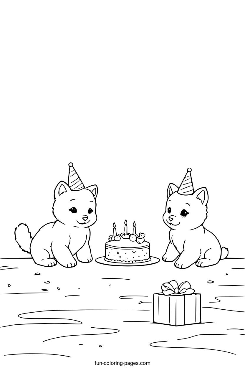 Happy Birthday Kittens – free printable coloring page, available as PDF and SVG
