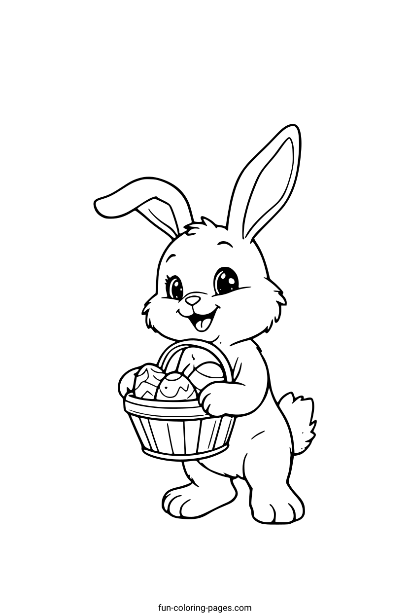 Happy Bunny with Easter Basket – free printable coloring page, available as PDF and SVG
