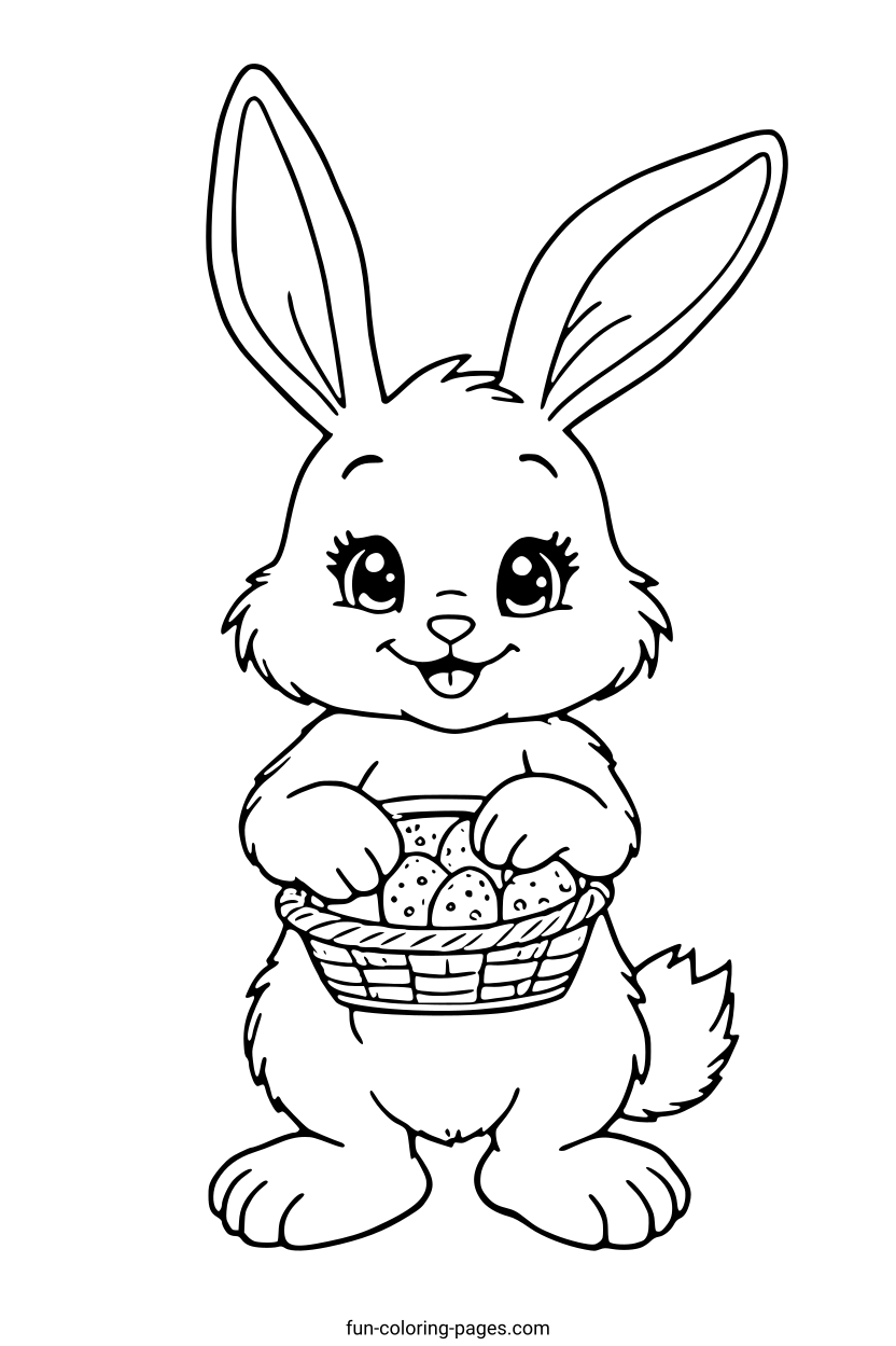 Happy Bunny with Easter Eggs – free printable coloring page, available as PDF and SVG