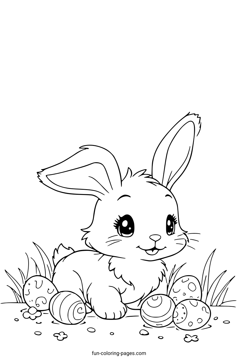 Cute Bunny With Easter Eggs – free printable coloring page, available as PDF and SVG