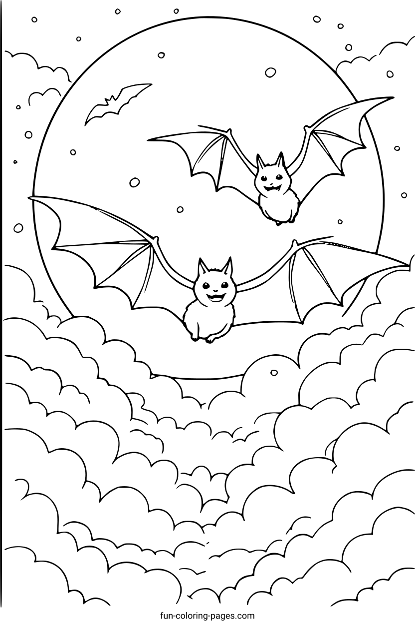Happy Cartoon Bats in Night Sky – free printable coloring page, available as PDF and SVG