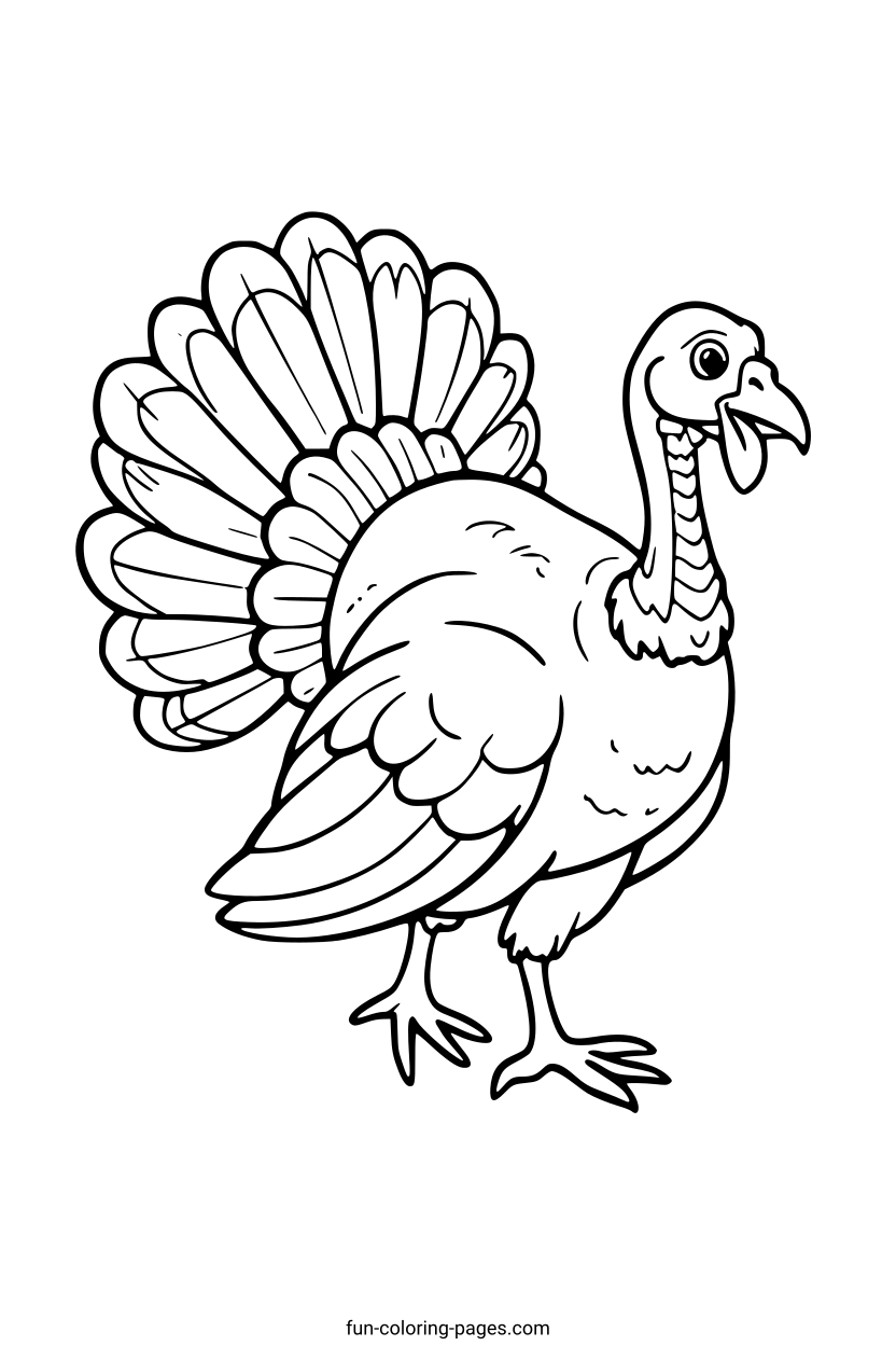 Happy Cartoon Turkey – free printable coloring page, available as PDF and SVG