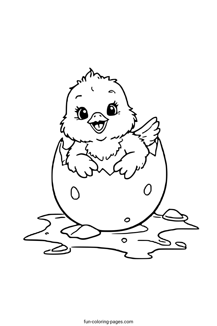 Happy Chick Emerging from Egg – free printable coloring page, available as PDF and SVG