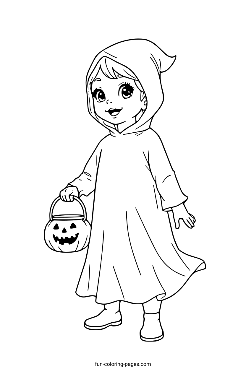 Happy Child in Ghost Costume – free printable coloring page, available as PDF and SVG