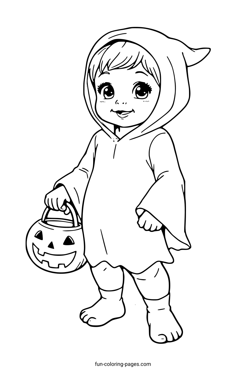 Happy Child in Ghost Costume – free printable coloring page, available as PDF and SVG