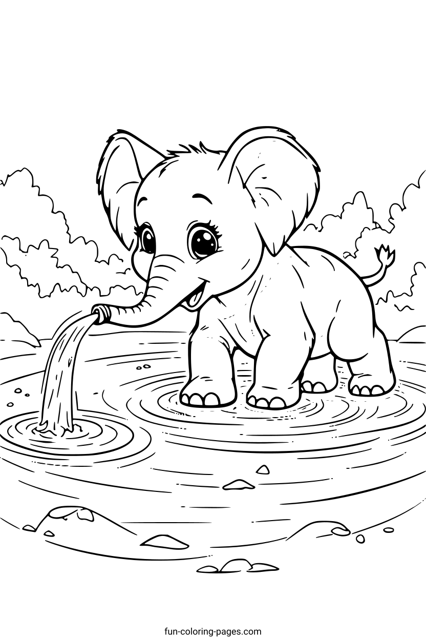 Happy Elephant Spraying Water – free printable coloring page, available as PDF and SVG