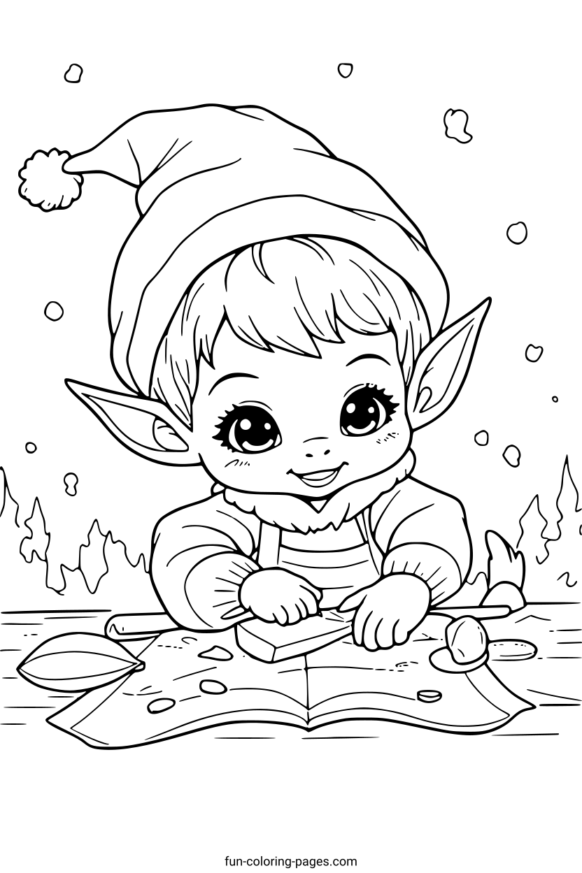 Happy Elf Reading Book – free printable coloring page, available as PDF and SVG