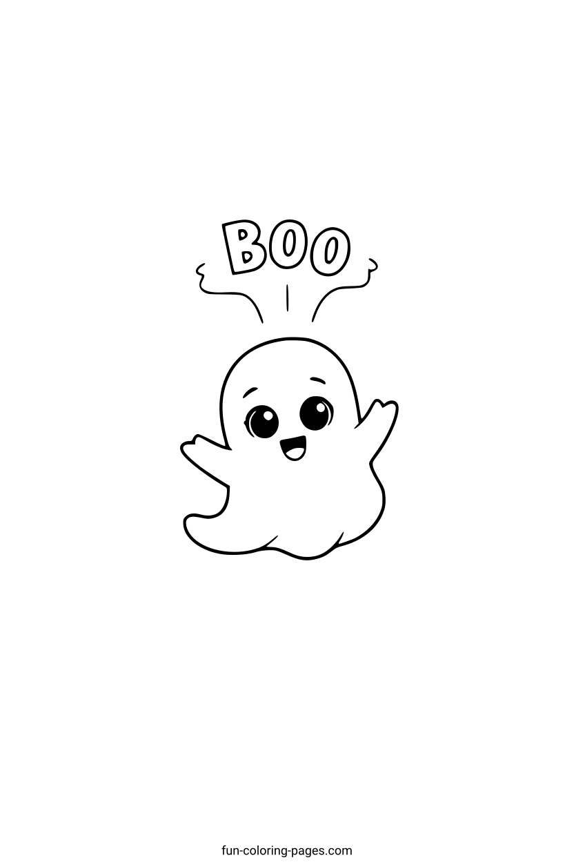 Happy Ghost Saying Boo – free printable coloring page, available as PDF and SVG
