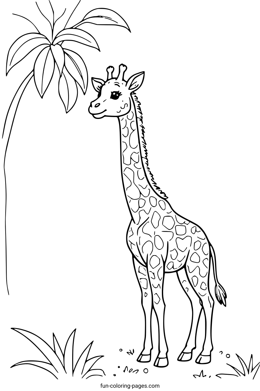Happy Giraffe with Palm Tree – free printable coloring page, available as PDF and SVG