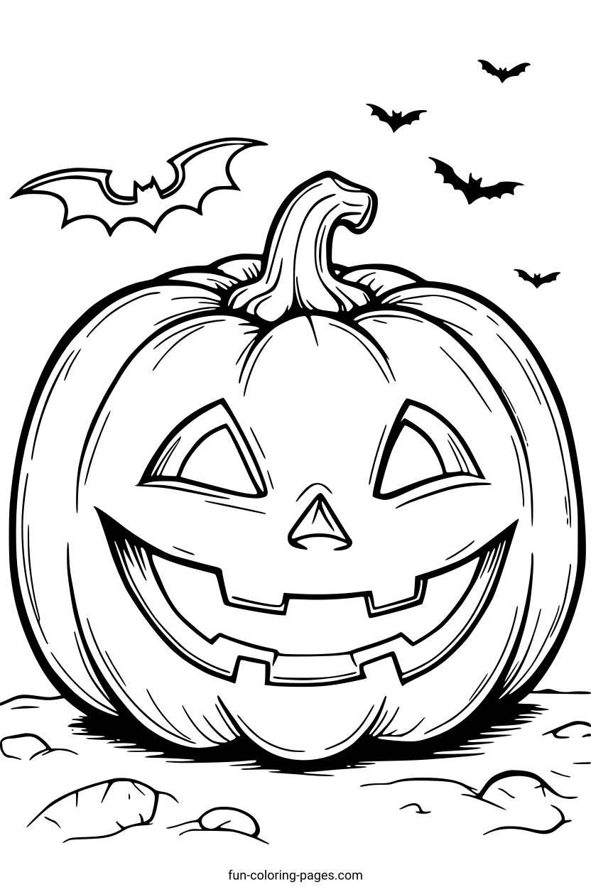 Happy Halloween Pumpkin with Bats – free printable coloring page, available as PDF and SVG