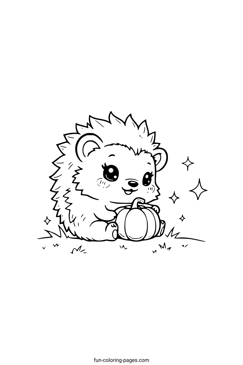 Happy Hedgehog with Mini Pumpkin – free printable coloring page, available as PDF and SVG