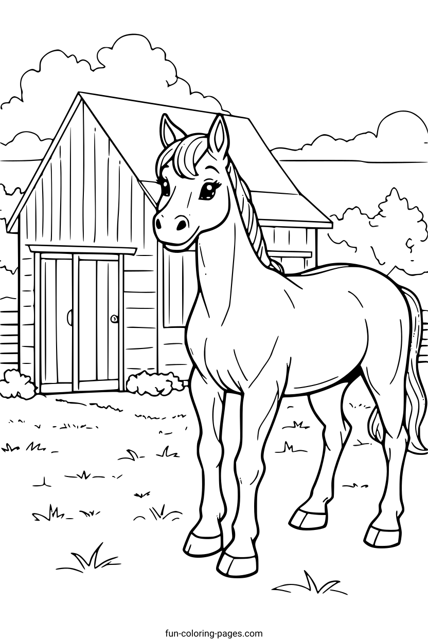 Happy Horse Near a Barn – free printable coloring page, available as PDF and SVG