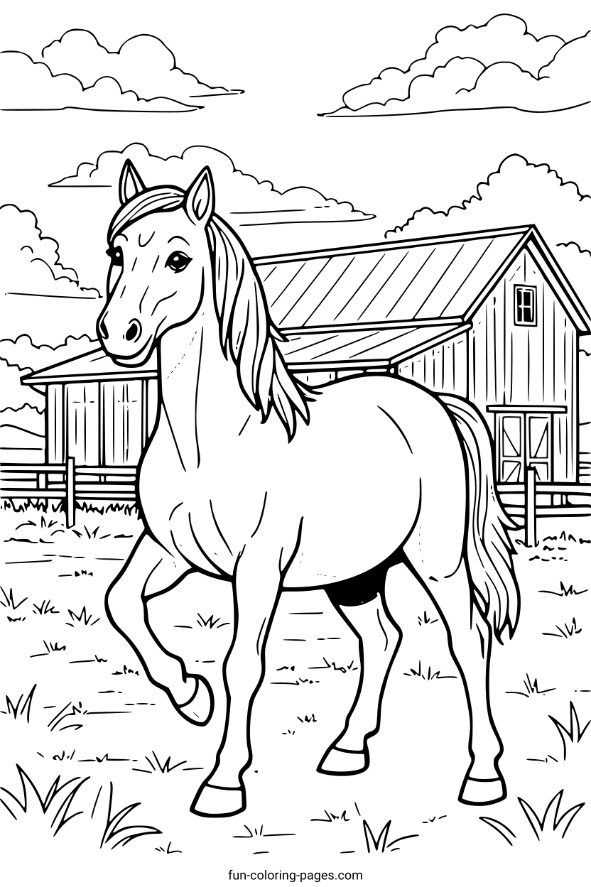 Happy Horse on the Farm – free printable coloring page, available as PDF and SVG