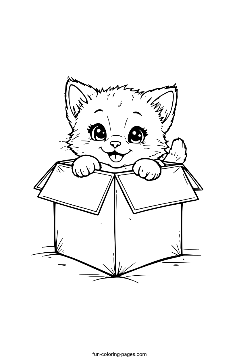Happy Kitten in a Box – free printable coloring page, available as PDF and SVG
